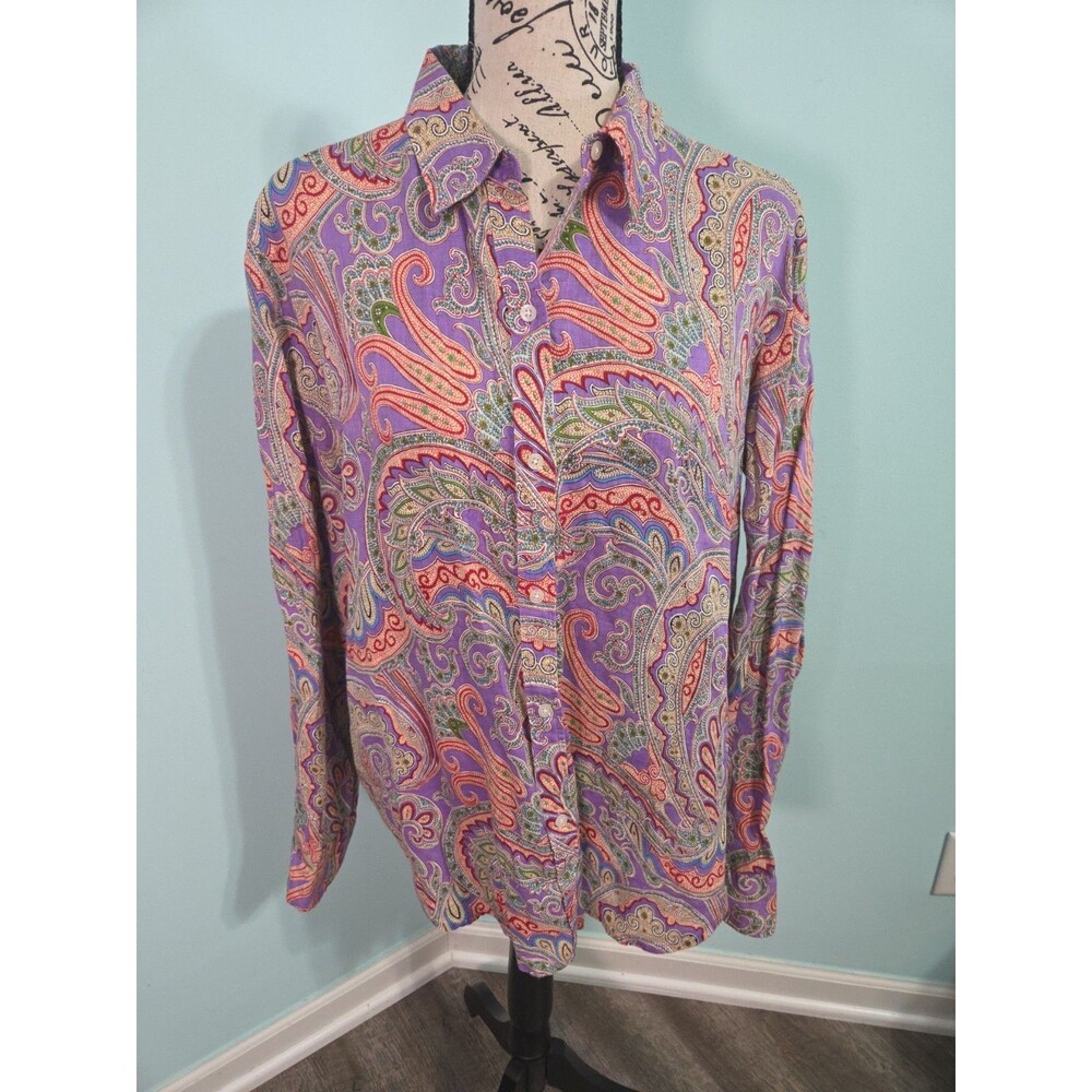 Lauren Ralph Lauren Women's extra large Paisley Linen Button-Up Blouse Shirt Mul